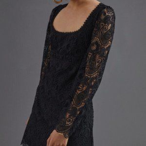 Anthropologie Maeve Embroidered Lace Mini Dress Black Bell Sleeves Size 12